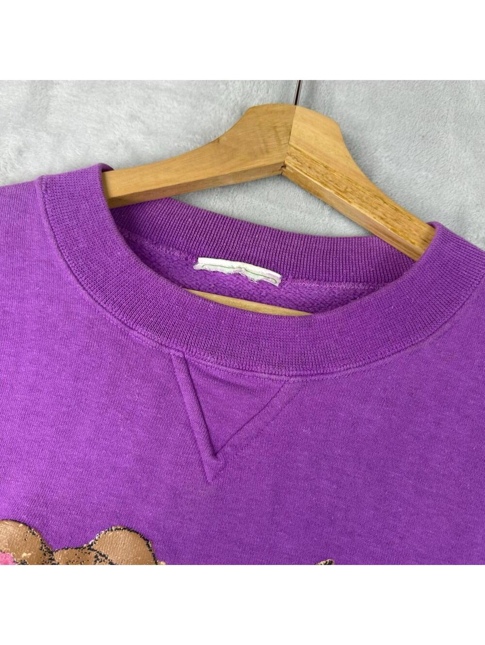Vintage Teddy Bear Cat Graphic Sweatshirt 1980s Purple Crewneck Cute Wmns Sz L - Picture 4 of 9